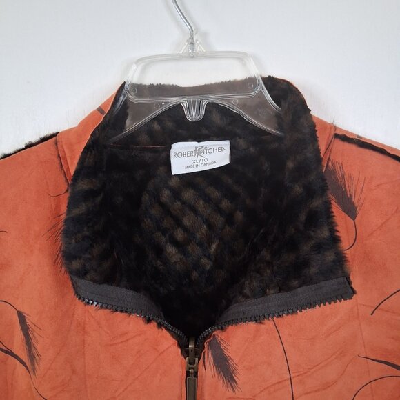 Robert Kitchen Women’s Orange Feather Print Vest Large Zip Front - Picture 2 of 5